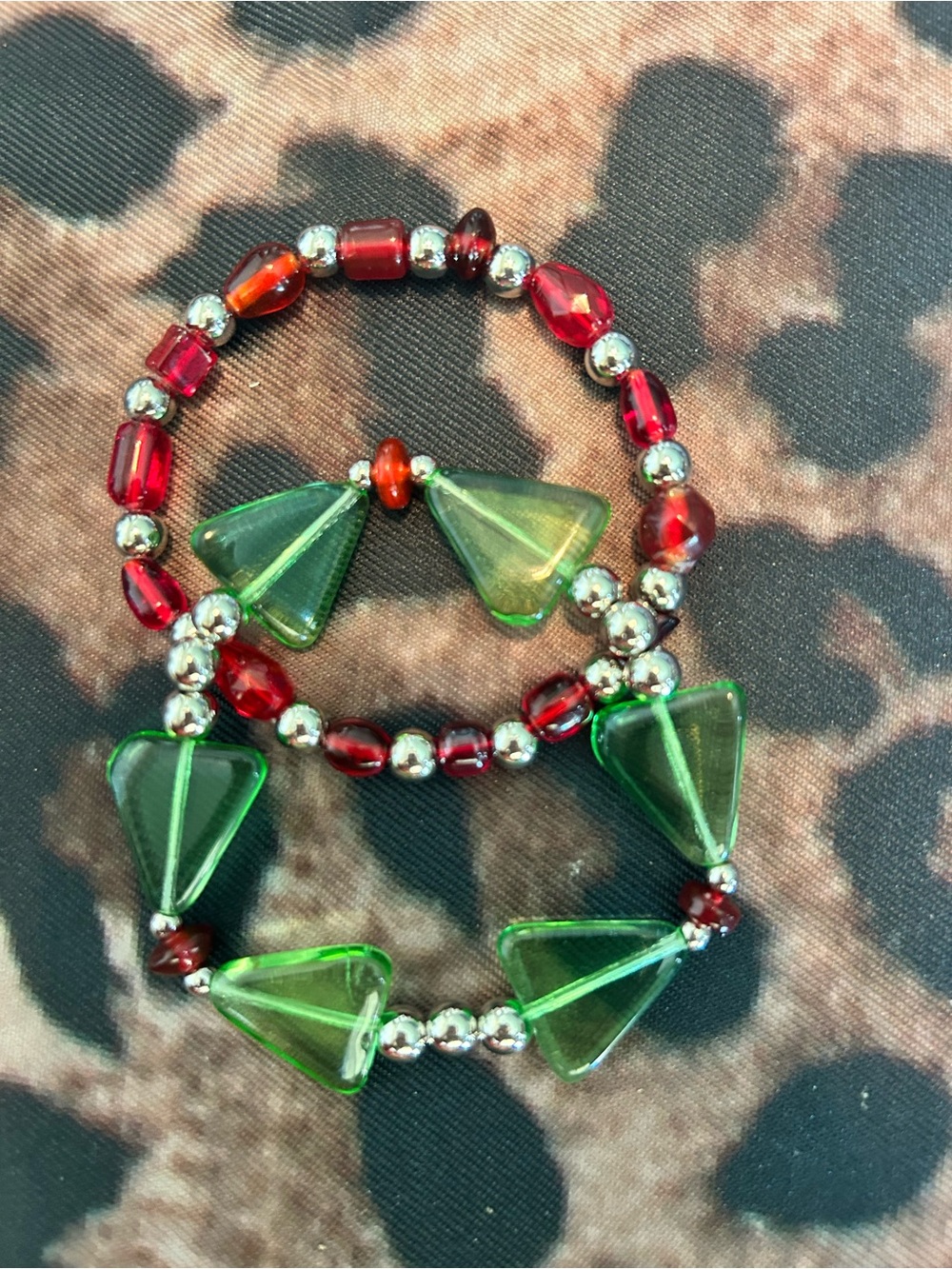 Hand Crafted Green and Red Glass Bead Stretch Bracelet Pair